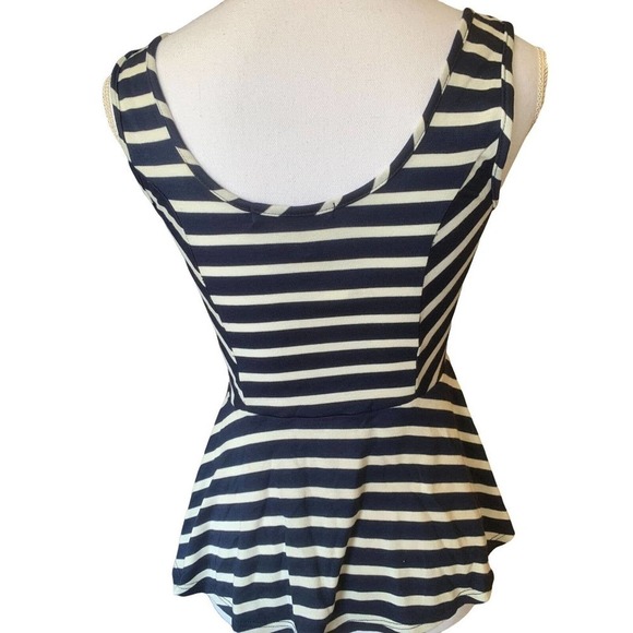 Green Envelope Casual Couture Peplum Top Blouse Nautical Blue White Striped Sz M - Picture 6 of 10